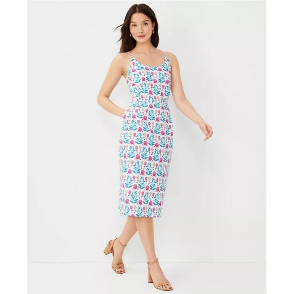Ann Taylor NWT Floral Sheath Midi Dress Blue Pink Office Garden Party Size 2
